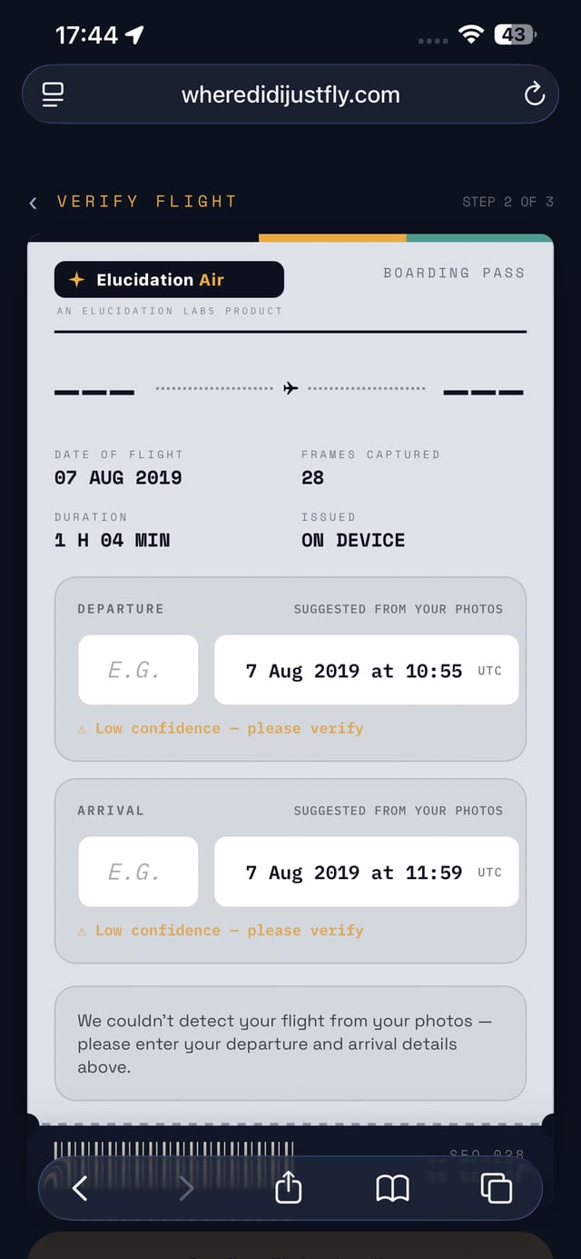 The verify-flight step: a boarding pass built from your own photos